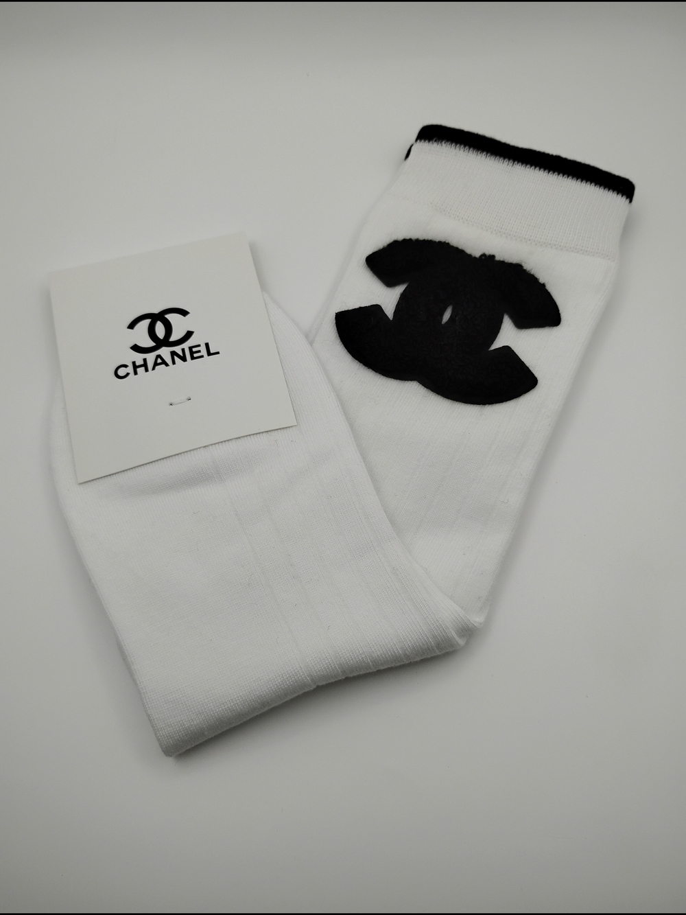 CHANEL White Crew Socks with Black CC Emblem BNWT
